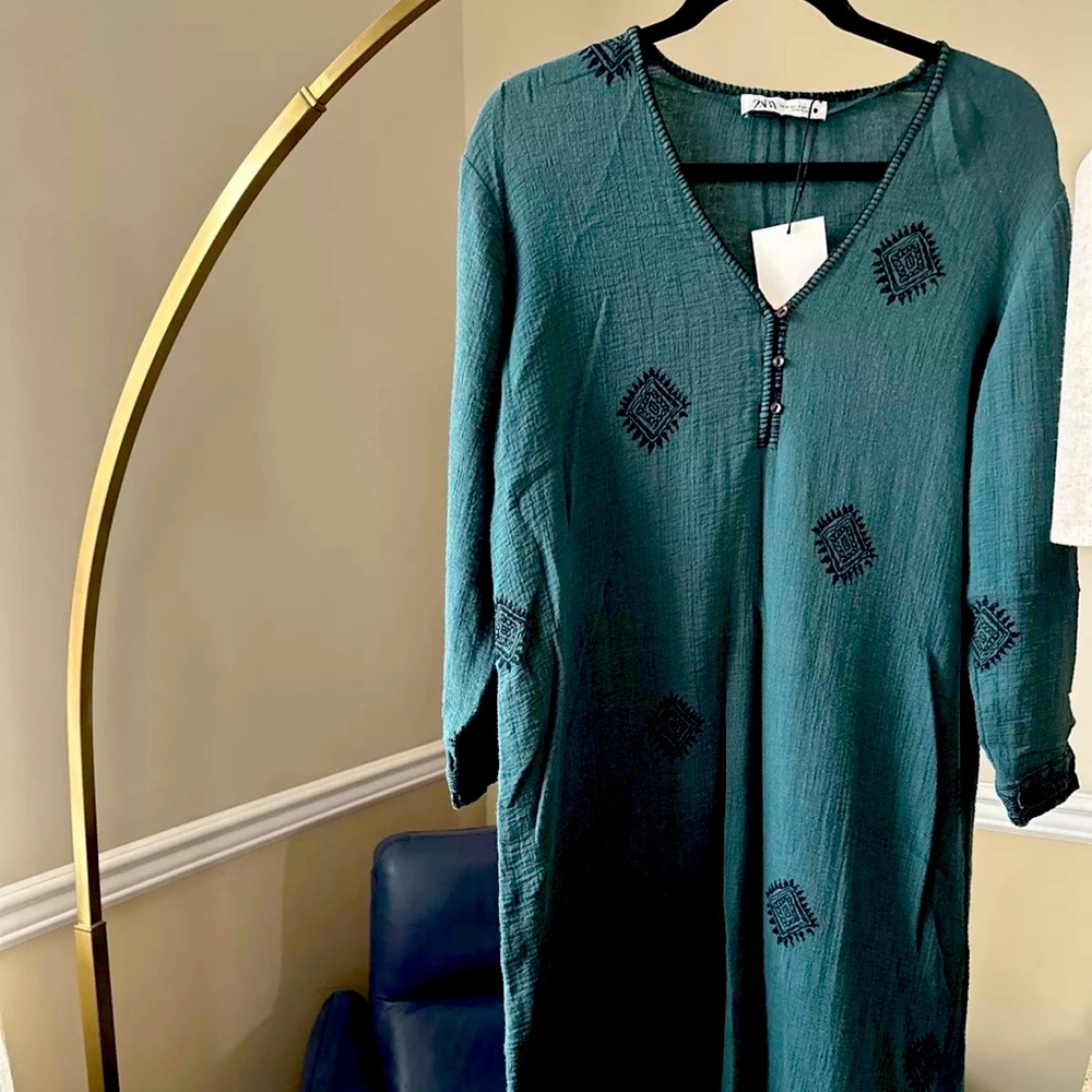 Zara Embroidered Midi Dress Lagenlook Loose Fit Teal Green